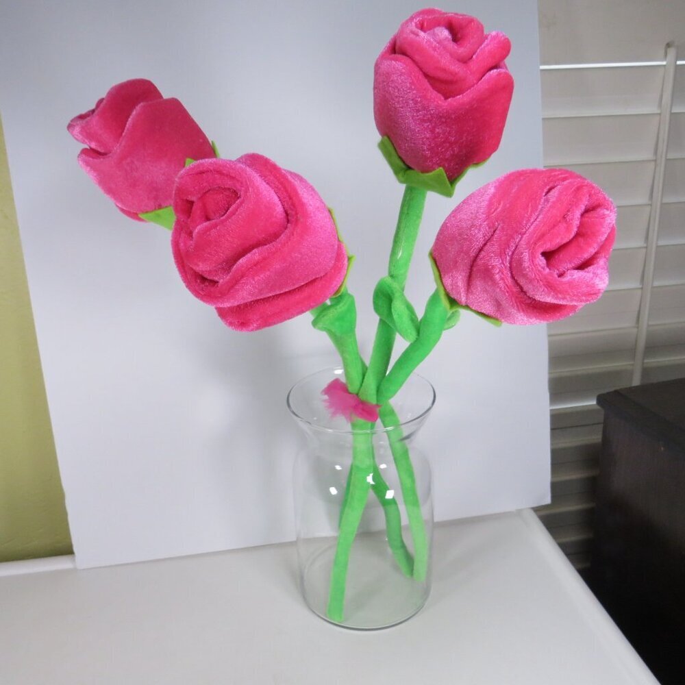 Plush (4) Fabric Pink Roses with strong bendable stems 20" long